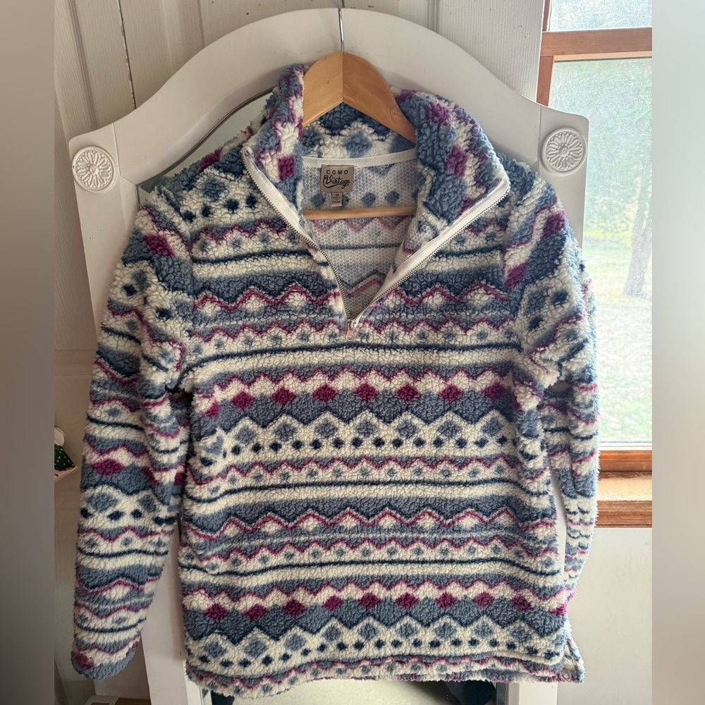 Como VINTAGE Pullover Sherpa Aztec Print Purple & Blue  Women’s Medium Zip